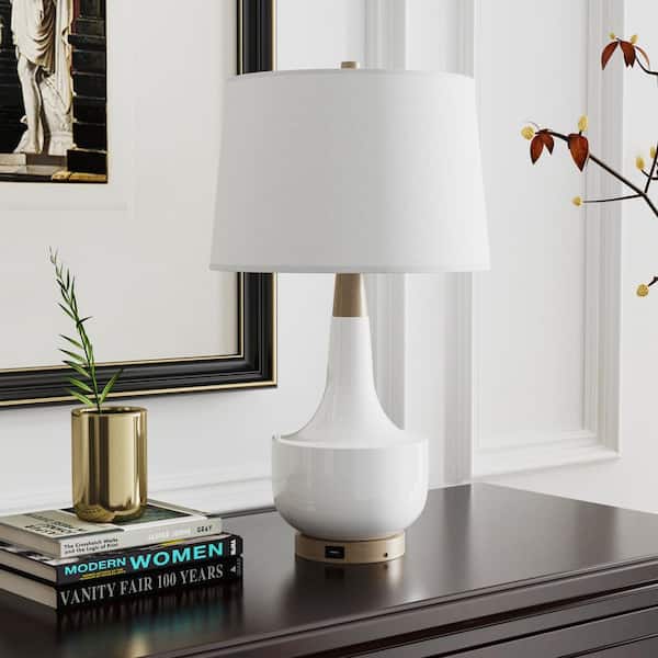Maxax Sacramento 26-in. White Ceramic Table Lamp Metal Base with White Drum Lampshade/USBPort