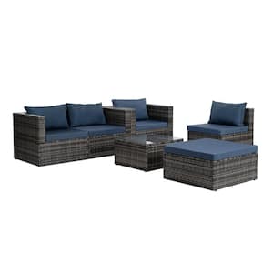 6-Piece Dark Gray Hand Woven PE Rattan Wicker Outdoor Patio Sectional Sofa Set with Navy Blue Cushions and Pillows