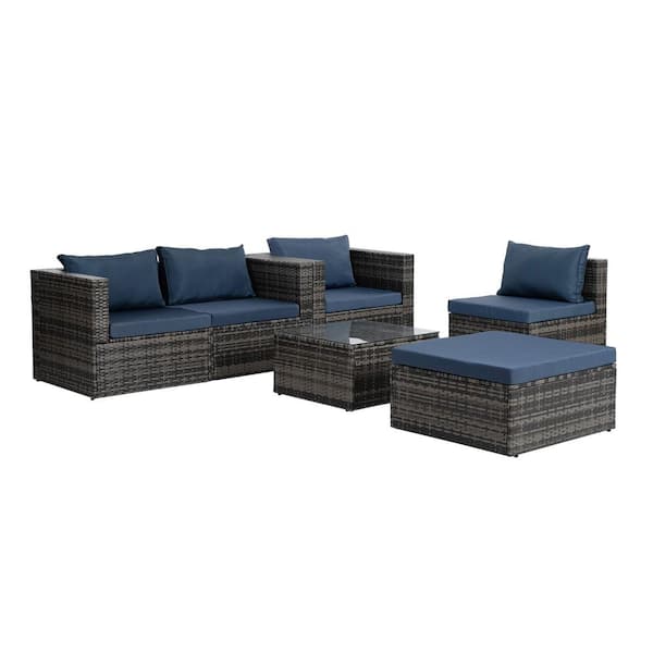 Unbranded 6-Piece Dark Gray Hand Woven PE Rattan Wicker Outdoor Patio Sectional Sofa Set with Navy Blue Cushions and Pillows