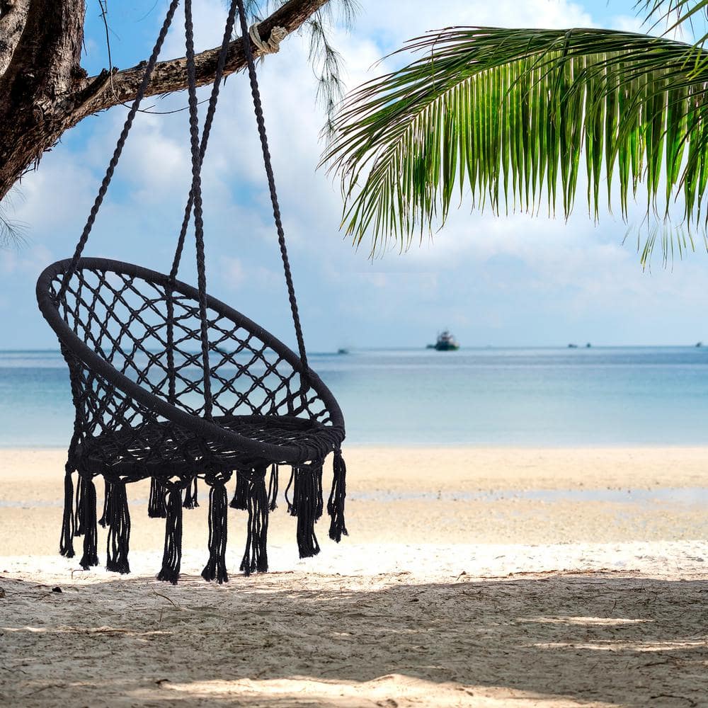 Black Sling Swing, Hammock Chair Macrame Patio Swing, Hanging Cotton Rope H