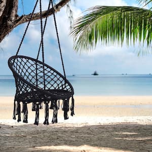 Black Sling Swing, Hammock Chair Macrame Patio Swing, Hanging Cotton Rope Hammock Swing Chair for Indoor and Outdoor