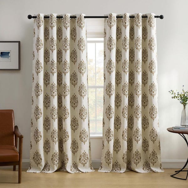 Navara Medallion Room Darkening Window Curtain, Natural - 52"W x 84"L