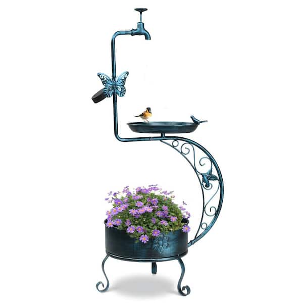 36 in. Outdoor Antique Blue Metal Bird Bath