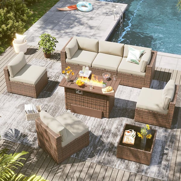 Brown 8-Piece Wicker Outdoor Patio Fire Pit Set with Beige Cushions, Patio Sectional Set with Fire Pit Table