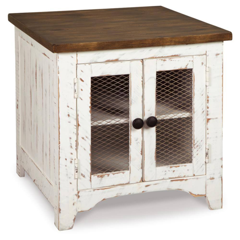 Wystfield 24 in. White/Brown Rectangle Wood End Table with Cabinet and Shelf