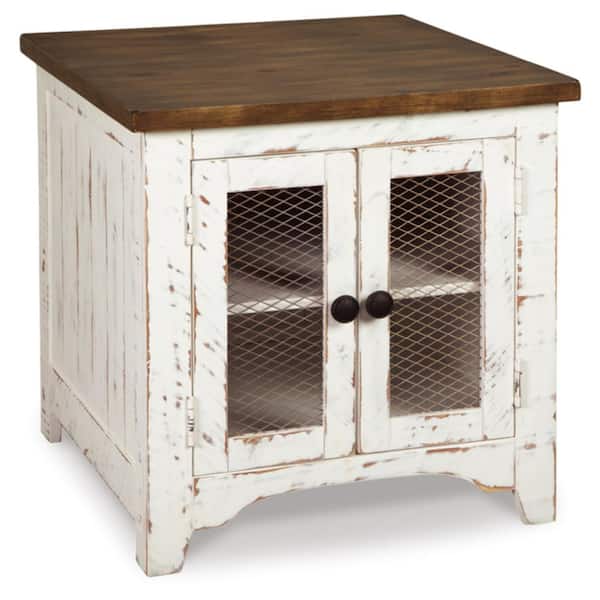 Wystfield 24 in. White/Brown Rectangle Wood End Table with Cabinet and Shelf
