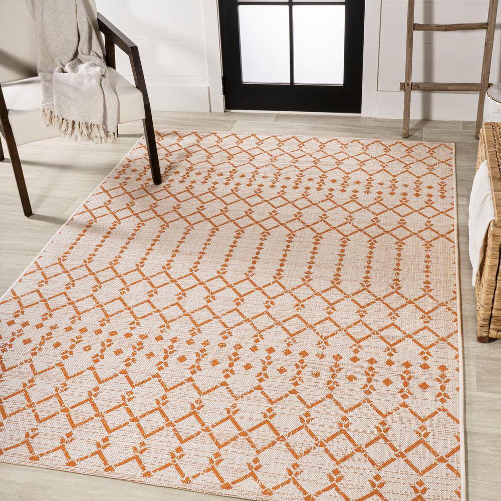 Cream and Orange Geometric Flatweave Indoor/Outdoor Rug