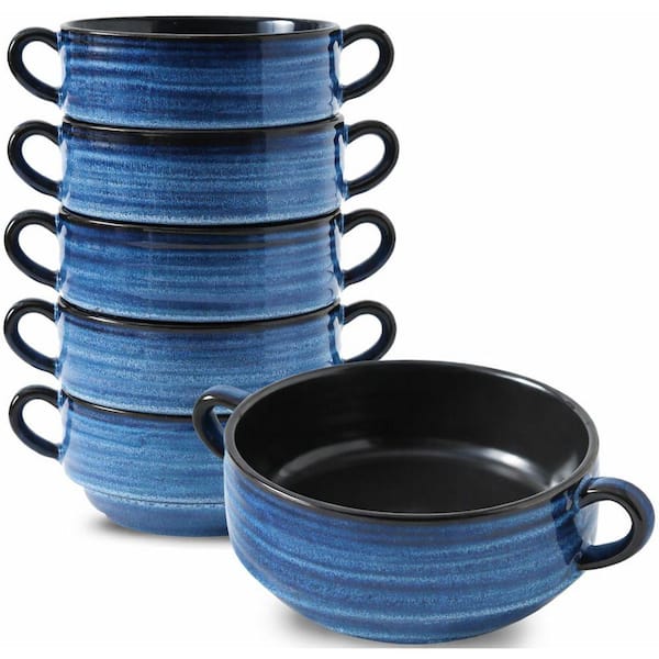 6-Piece Blue Ceramic Soup Bowls with Handles Microwave Dishwasher Safe Oven Compatible for Chili Stew Pot Pies Set