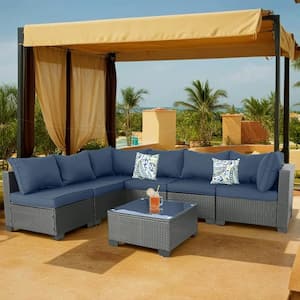 7-Piece Wicker Outdoor Patio Conversation Furniture Seating Set with Dark Blue Cushions and Pillow