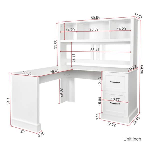 White l shaped computer store desk with hutch