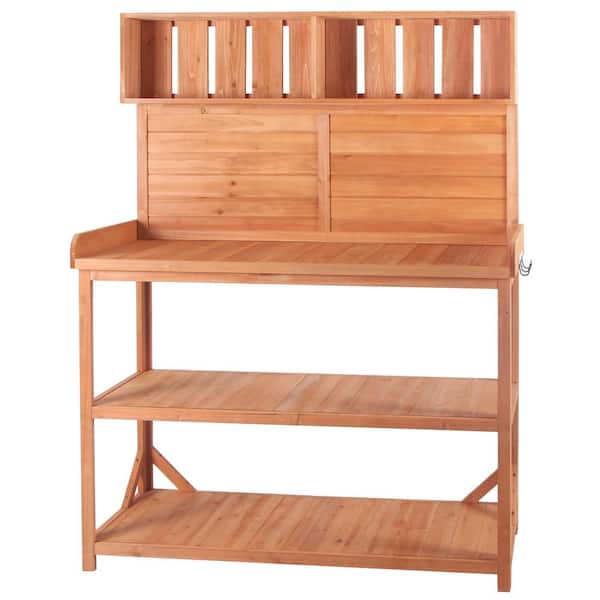 Zeus & Ruta 46.9 in. W x 65 in. H Natural Large Wooden Potting Bench Table, Patio Workstation with 4 Storage Shelves and Side Hook