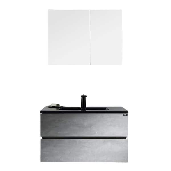 Wall-Mounted 48 in. W x 18.9 in. D x 19.7 in. H. Bath Vanity in Cement Gray with Matt Black Quartz Top with Black Basin