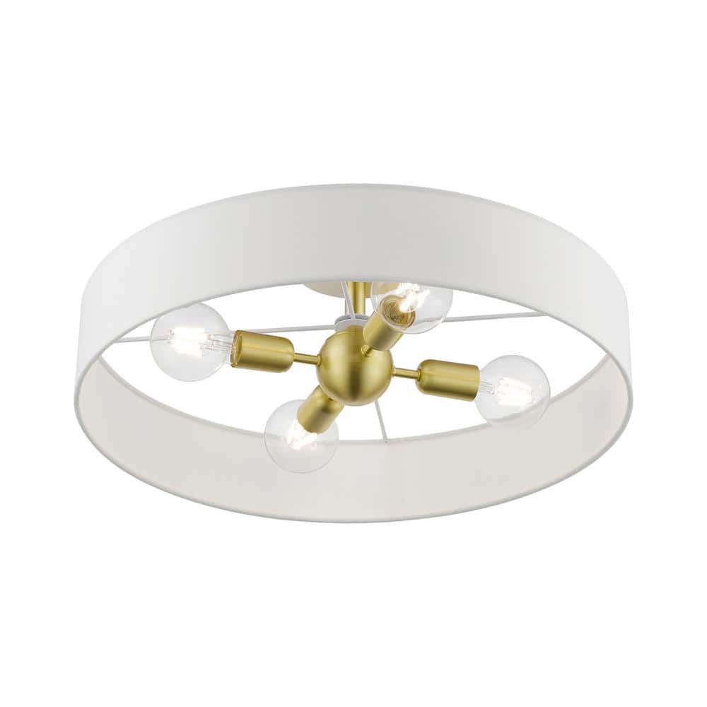 Satin Brass and White 4-Light Drum Semi-Flush Mount