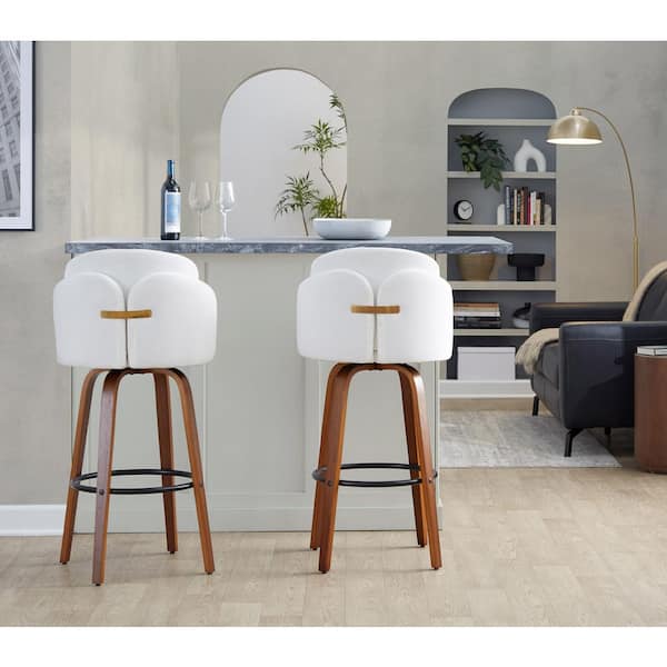 Dahlia 42.5 in. H Cream Velvet, Walnut Wood, and Black Metal Fixed-Height Bar Stool with Round Footrest (Set of 2)