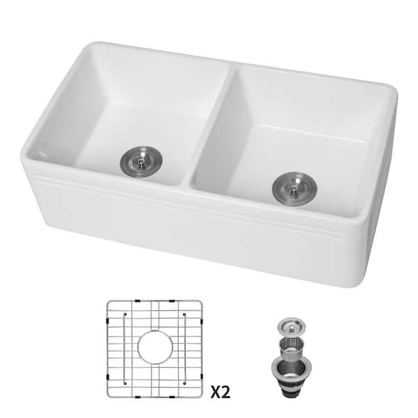 grossag 32.9 in. Farmhouse/Apron-Front Dual Bowl White Ceramic Kitchen with Bottom Grids and Strainer Basket
