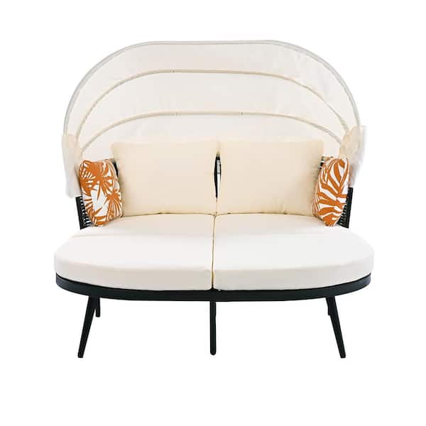 1-Piece Rattan PE Wicker Outdoor Day Bed with Beige Cushion Patio Daybed Loveseat Sofa Set w/Throw Pillows