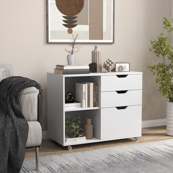 Gymax 3-Drawer White Wood 32 in. W Vertical File Cabinet w/Open Adjustable Storage Shelf for Home Office