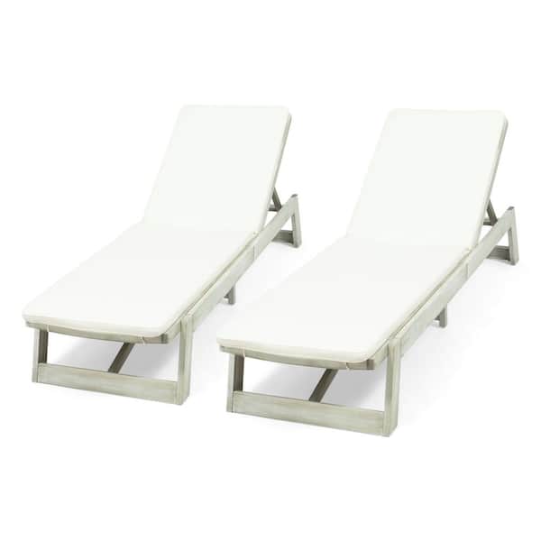 Maki Grey 2-Piece Wood Outdoor Patio Chaise Lounge with Cream Cushions