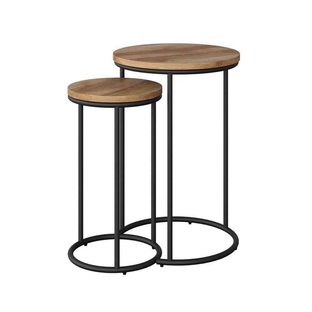 Elegant Round Light Brown Wood & Metal Nesting Side Tables