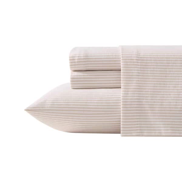 Oxfordshire Stripe 4-Piece Beige/White Flannel Cotton Queen Sheet Set