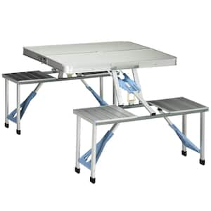 33.80 in. Silver Rectangular Aluminum Foldable Picnic Table, Carrying Case with Handle Seats 4 People with Umbrella Hole