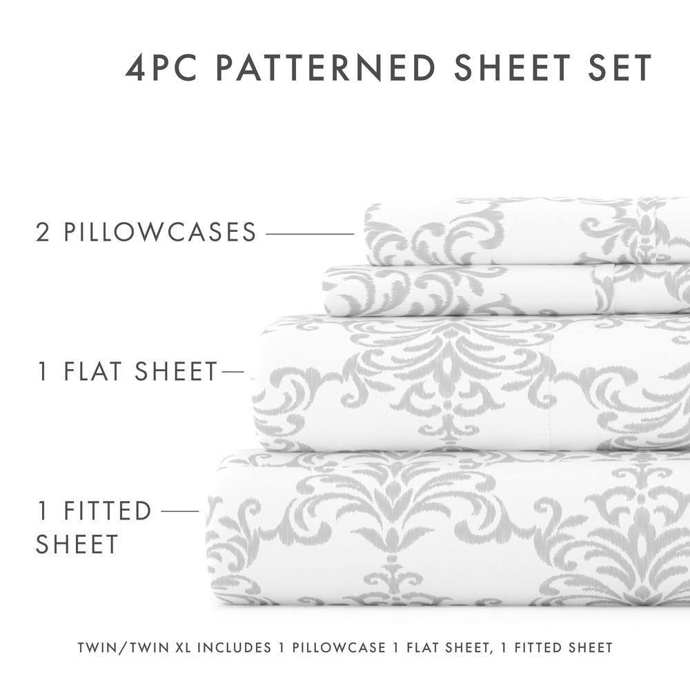 Light Gray Floral Print Microfiber Queen Sheet Set