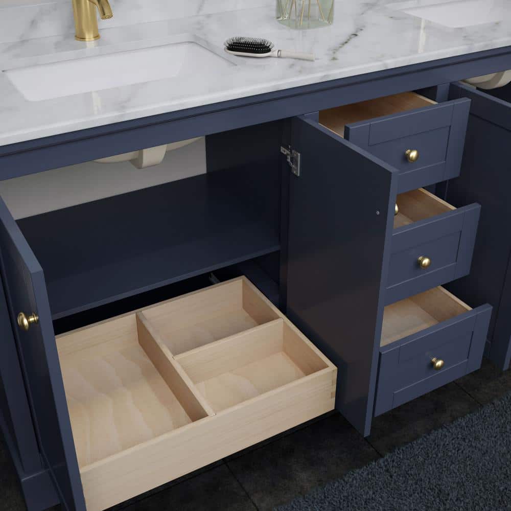 Avery 72" Dark Blue Vanity with White Carrara Marble Top and Mirror