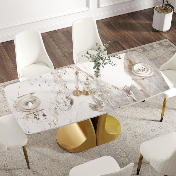 70.8 in. Pandora Rectangle Round Edge Sintered Stone Top Pedestal Pandora Gold Metal Base Dining Table (Seats-8)