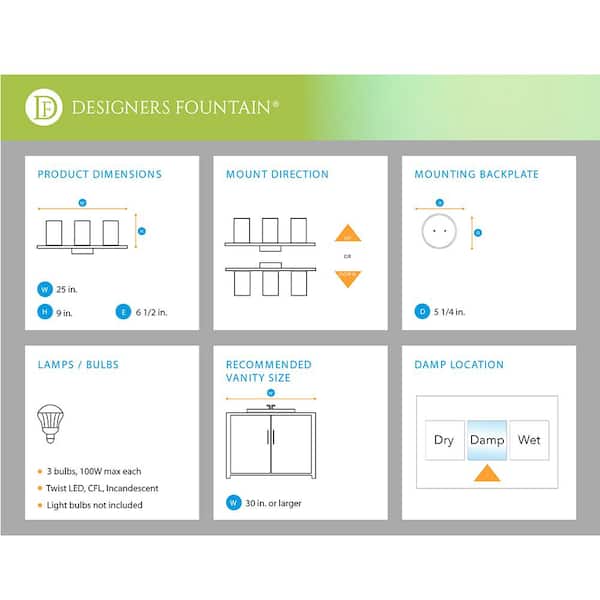 Designers Fountain - Darcy 25 in. 3-Light Brushed Nickel Transitional Vanity Light with White Opal Glass Shades