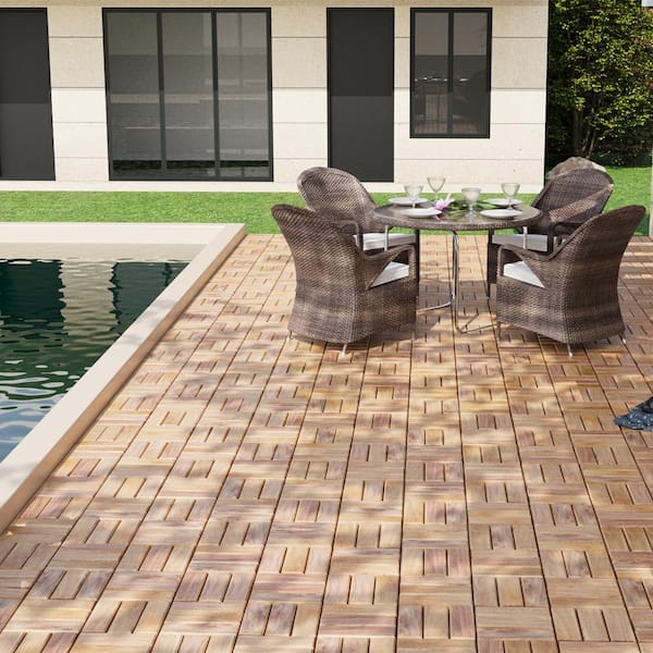 BTMWAY 1 ft. x 1 ft. Acacia Wood Interlocking Deck Tiles Outdoor Patio Flooring Tiles Checker Pattern in Natural(30 Per Box)