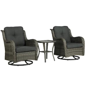 Wicker Rattan Taupe Patio Outdoor Rocking Chair Swivel with Dark Gray Cushions and Side Table (Set of 2)