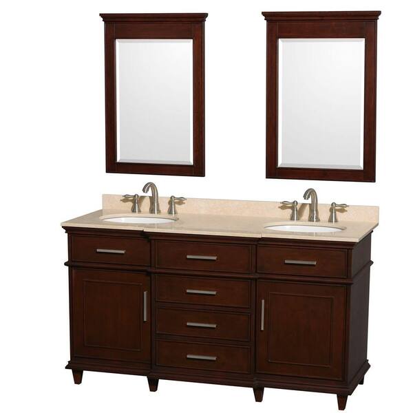 Wyndham Collection Berkeley 60 in. Double Vanity in Dark Chestnut with Marble Vanity Top in Ivory, Oval Sink and 24 in. Mirrors