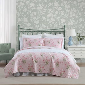 Veronica Bouquet 3-Piece Pink/White 100% Cotton Full/Queen Quilt Set