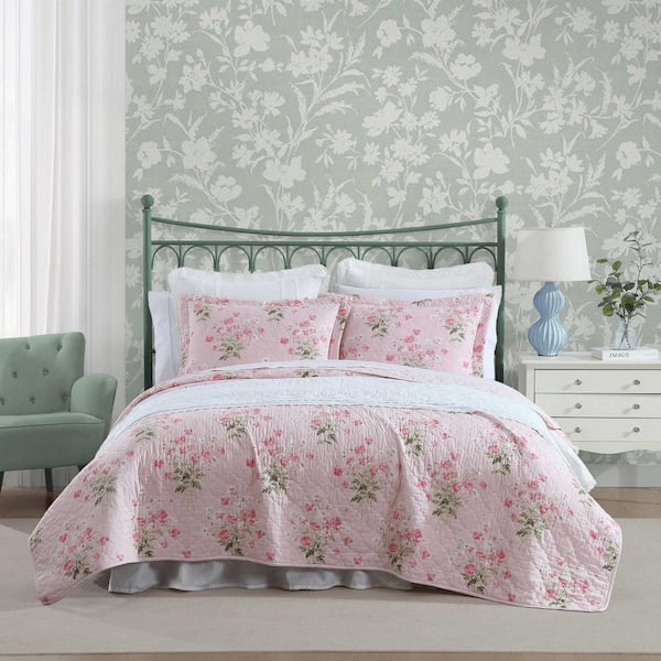 Laura Ashley Veronica Bouquet 3-Piece Pink/White 100% Cotton Full/Queen Quilt Set