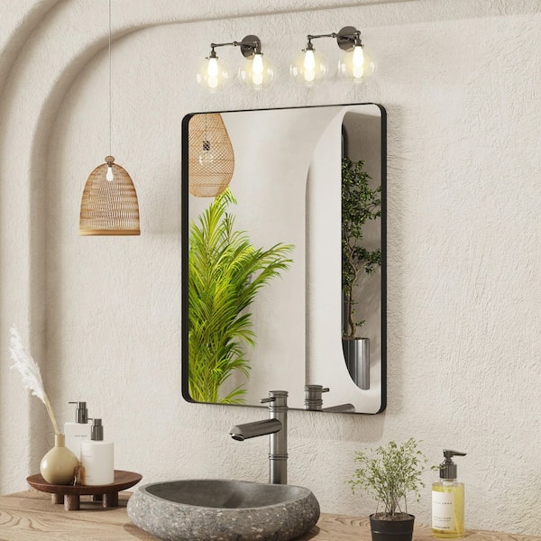 36 in. W x 28 in. H Rectangular Rounded corner Aluminum Framed Wall Mounted Bathroom Vanity Mirror in Black