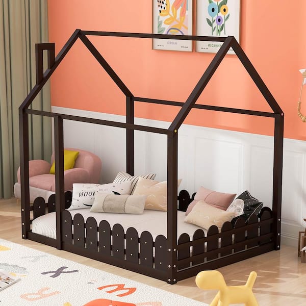Harper & Bright Designs Espersso Full Size Wood House Bed with Fence ...