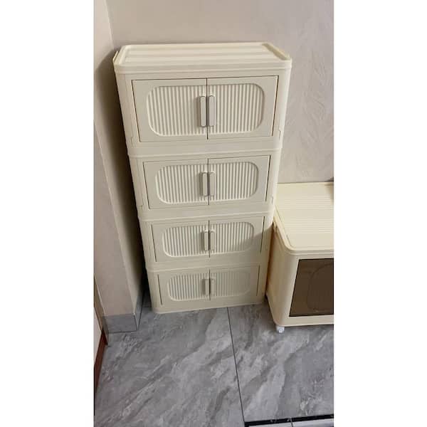 Cream White 41 in. H 4 Tiers Folding Collapsible Storage Cabinet with Magnetic Door, Plastic Storage Cabinet with Wheels