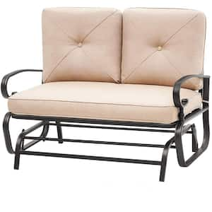 37 in. x 47.24 in. x 47.24 in. Outdoor Metal Rocking Glider Bench for 2 Person with Comfortable Brown Cushion ties