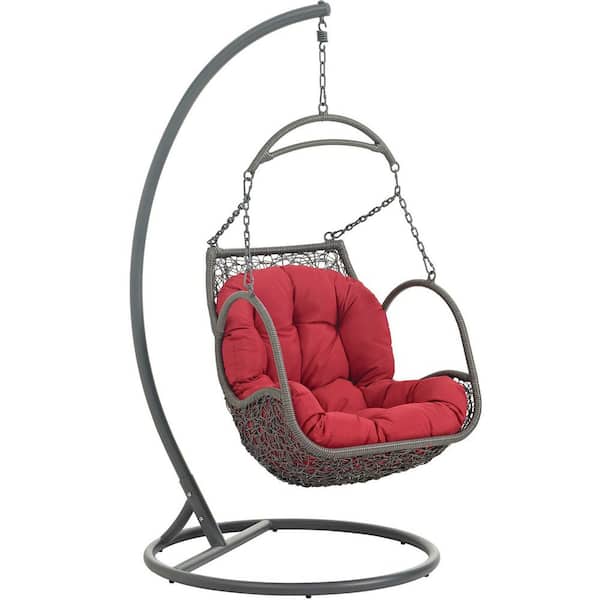 MODWAY Arbor Wicker Rattan Outdoor Patio Porch Lounge Hanging Swing Chair Set with Stand with Red Cushion
