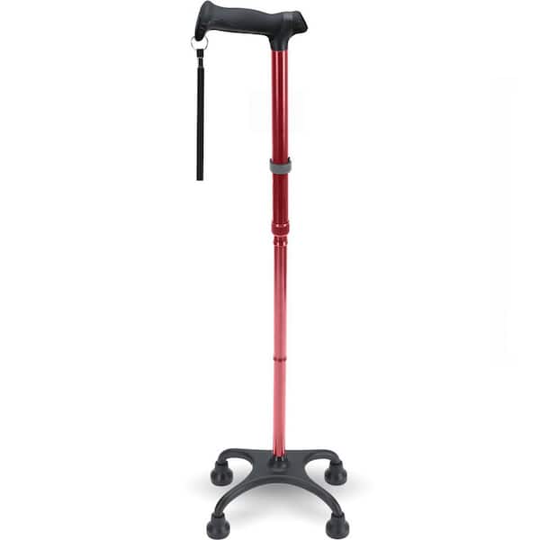 Red Quad Cane, Walking Cane with Ergonomic Handle and Graceful 4-Pronged Base, Adjustable Walking Sticks for Seniors