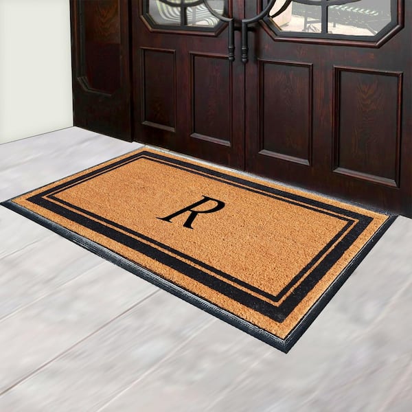 A1 Home Collections A1hc Markham Picture Frame Black/Beige 30 in. x 60 in. Coir and Rubber Flocked Large Outdoor Monogrammed F Door Mat