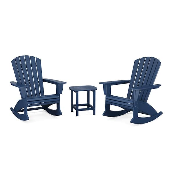 POLYWOOD Nautical Curveback Adirondack Rocking Chair Navy 3-Piece HDPE Plastic Patio Conversation Set