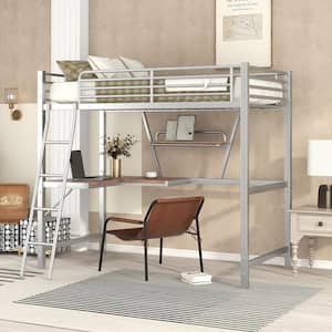 Silver Twin Size Metal Loft Bed with Built in Desk, Ladder and Shelf