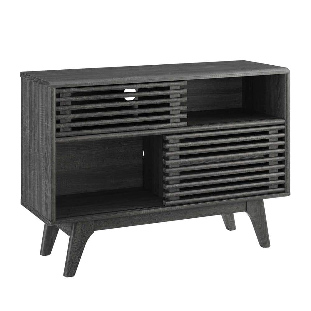 Render Display TV Stand for TVs up to 48" Charcoal - Modway: Modern Media Storage, Slatted Door, Cable Management