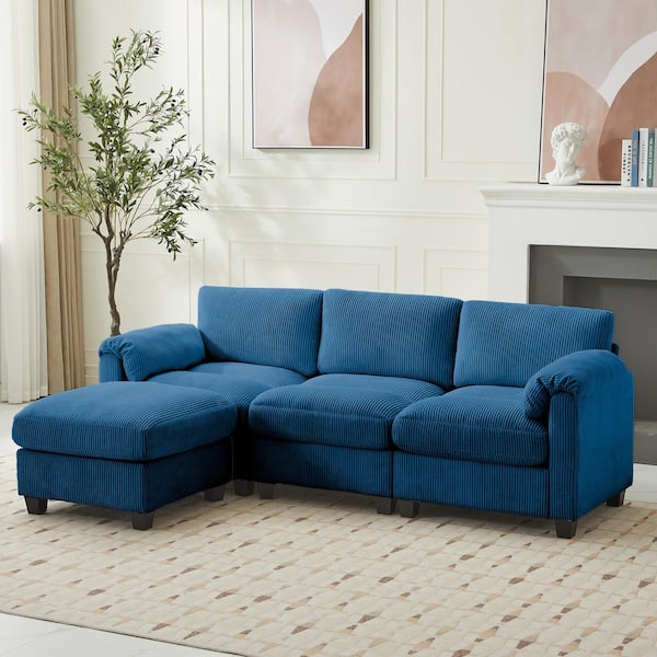 85.37 in. Corduroy Modular Rectangular Navy Sectional Sofa with Ottoman for Living Room and Spacious Space