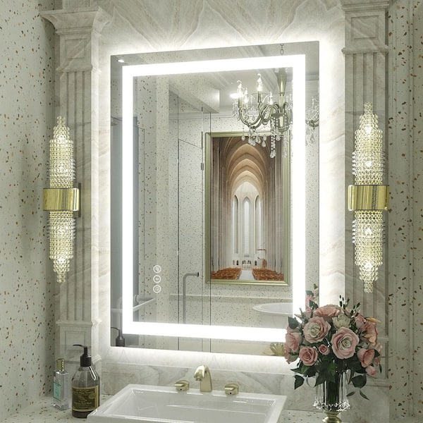 20 in. W x 28 in. H Rectangular Frameless Double LED Lights Anti-Fog Wall Bathroom Vanity Mirror in Tempered Glass