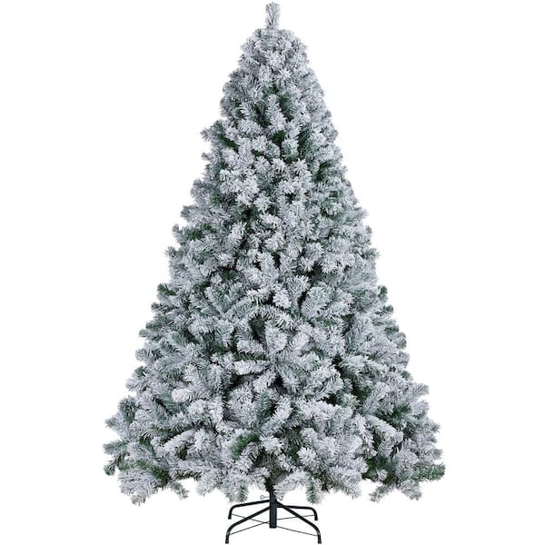 7. 5FT Unlit Flocked Artificial Christmas Tree with Foldable Stand Green & White