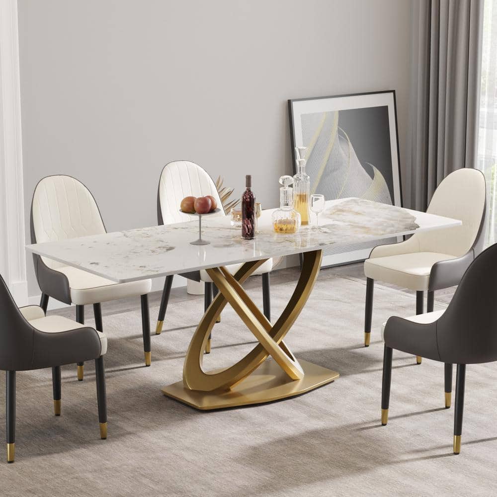 J&E Home 78.74 in. White Rectangle Sintered Stone Marble Tabletop Dining  Table with Steel Base (Seats 8-10) PVS-TS-03JYJWB - The Home Depot