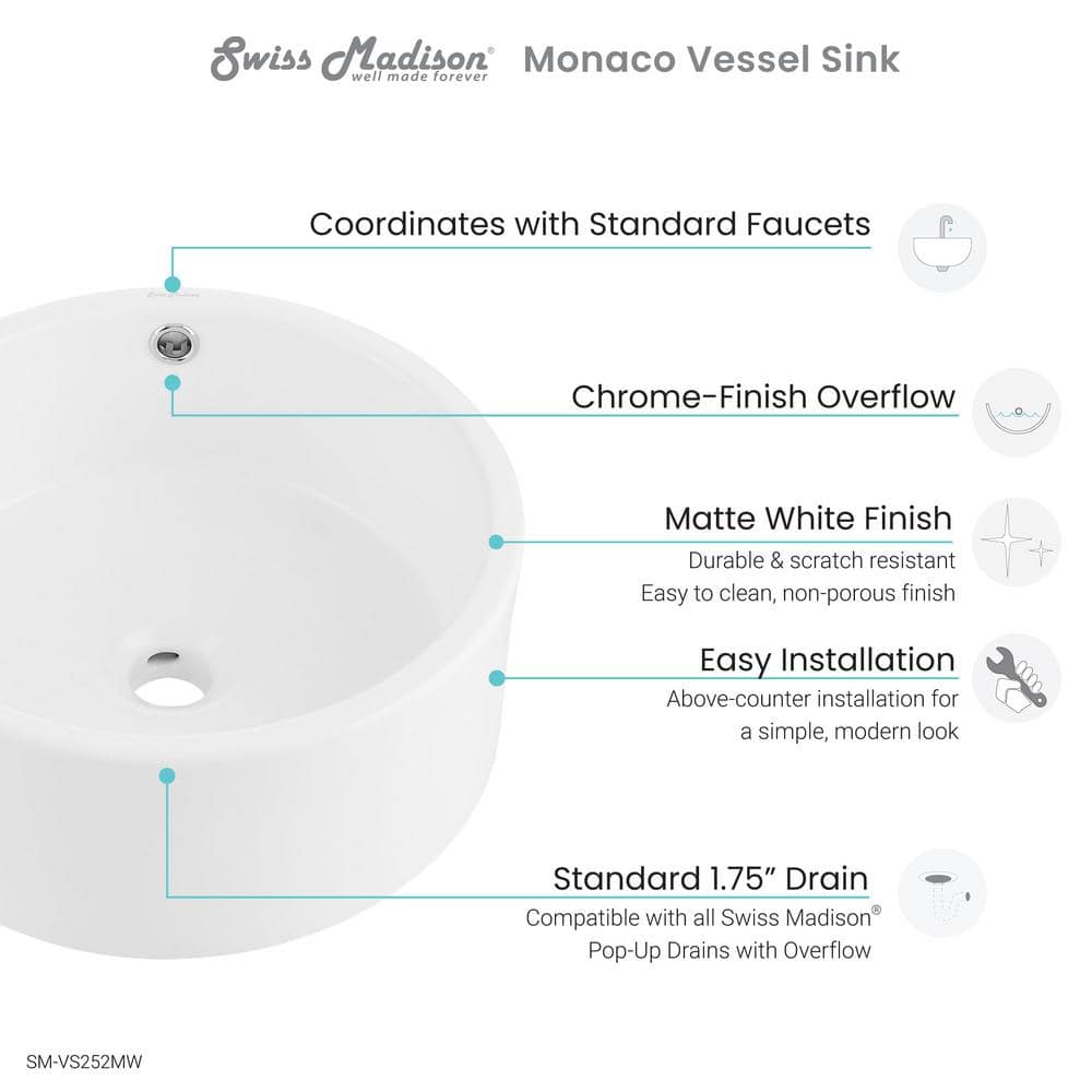 Monaco 16.5" Round Matte White Ceramic Vessel Sink