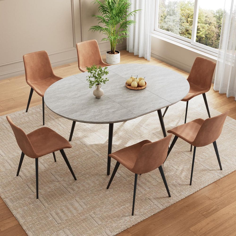 GOJANE 7-Piece Set Chairs and Grey Oval Dining Table, Dining Table